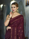 Banarasee Handloom Cotton Silk Saree With Antique Zari Buti Design & Border-Burgundy