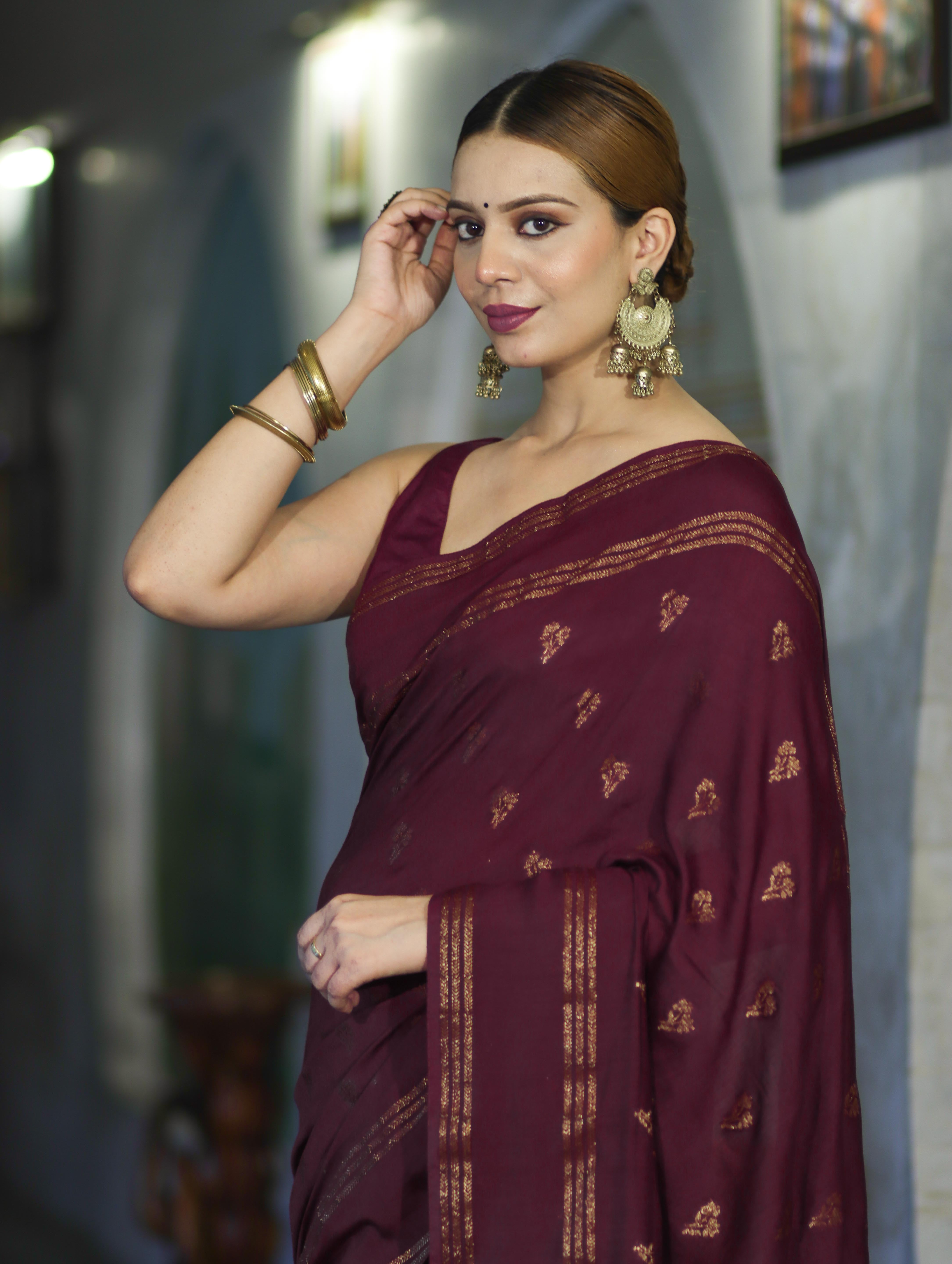 Banarasee Handloom Cotton Silk Saree With Antique Zari Buti Design & Border-Burgundy