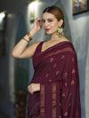 Banarasee Handloom Cotton Silk Saree With Antique Zari Buti Design & Border-Burgundy