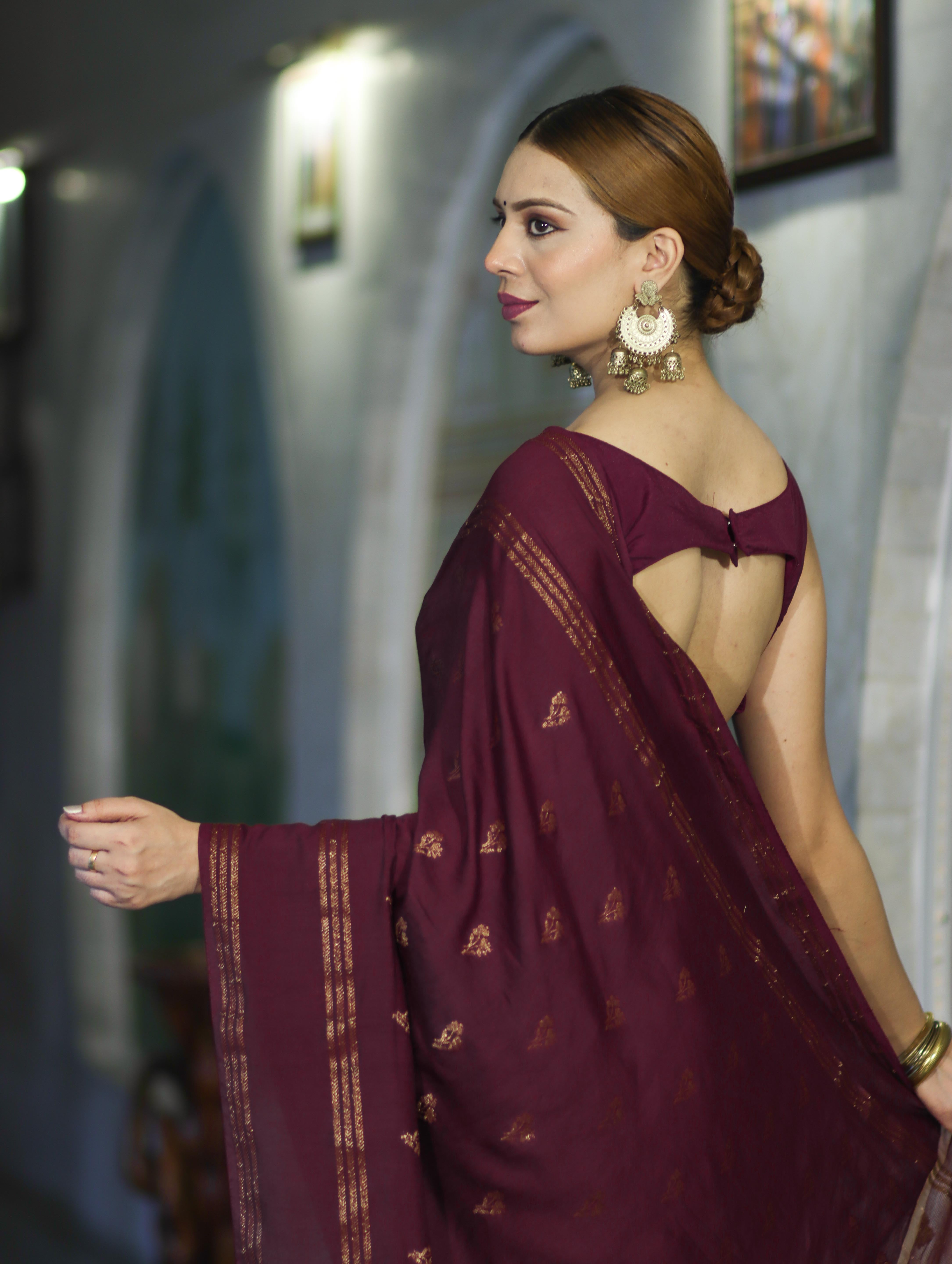 Banarasee Handloom Cotton Silk Saree With Antique Zari Buti Design & Border-Burgundy