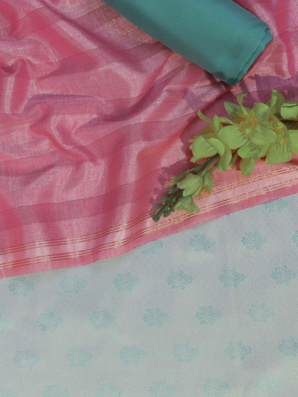 Banarasee Brocade Salwar Kameez Fabric With Cotton Silk Dupatta-Sea Green & Pink