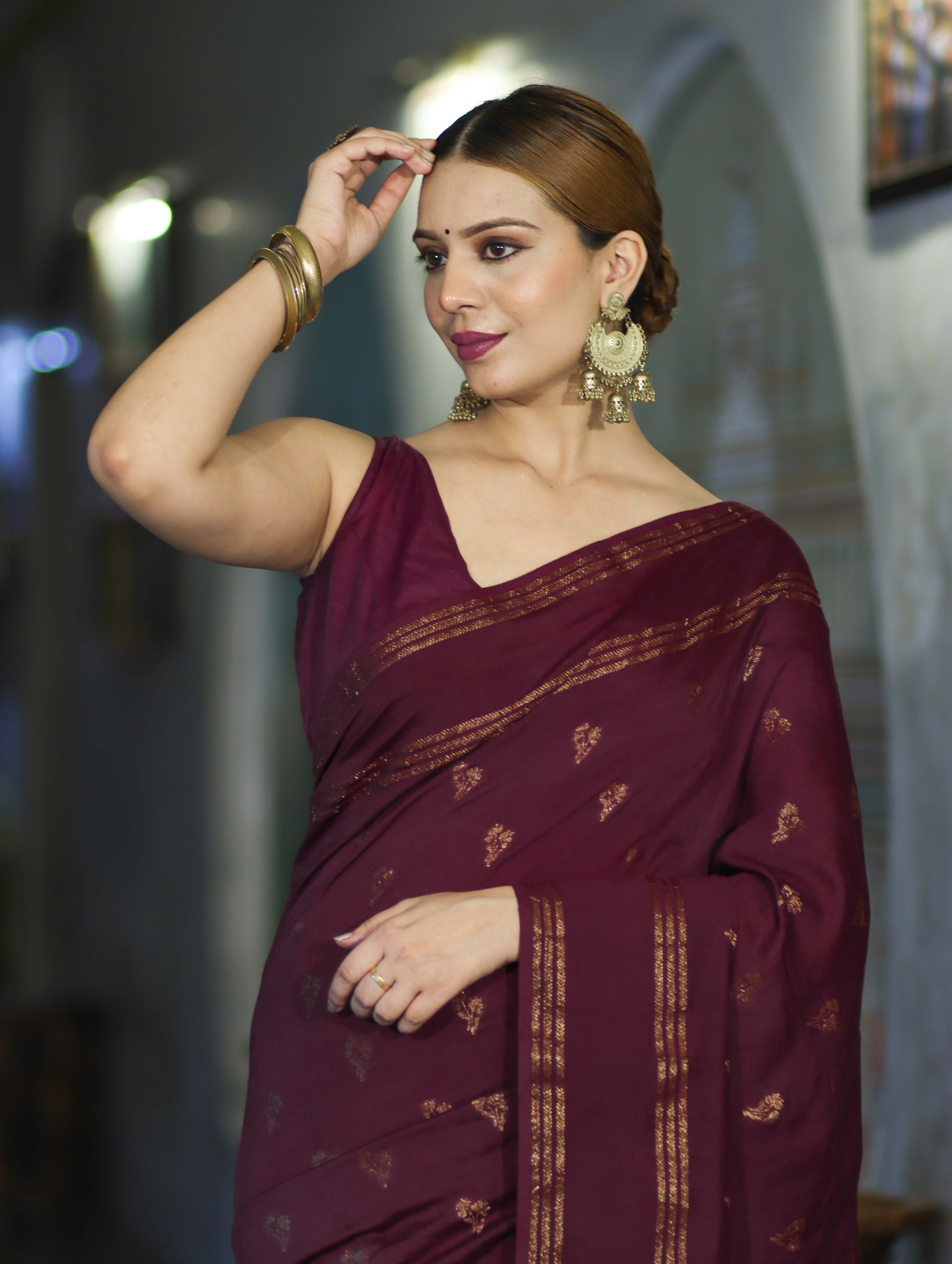 Banarasee Handloom Cotton Silk Saree With Antique Zari Buti Design & Border-Burgundy