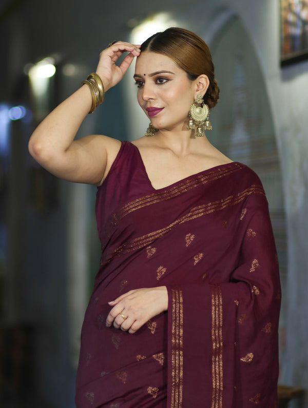 Banarasee Handloom Cotton Silk Saree With Antique Zari Buti Design & Border-Burgundy