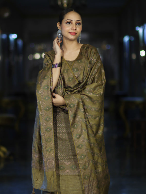 Banarasee Semi-Silk Resham Weaving Salwar Kameez Fabric With Dupatta Set-Olive Green