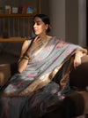 Banarasee Organza Mix Saree With Digital Floral Print-Grey