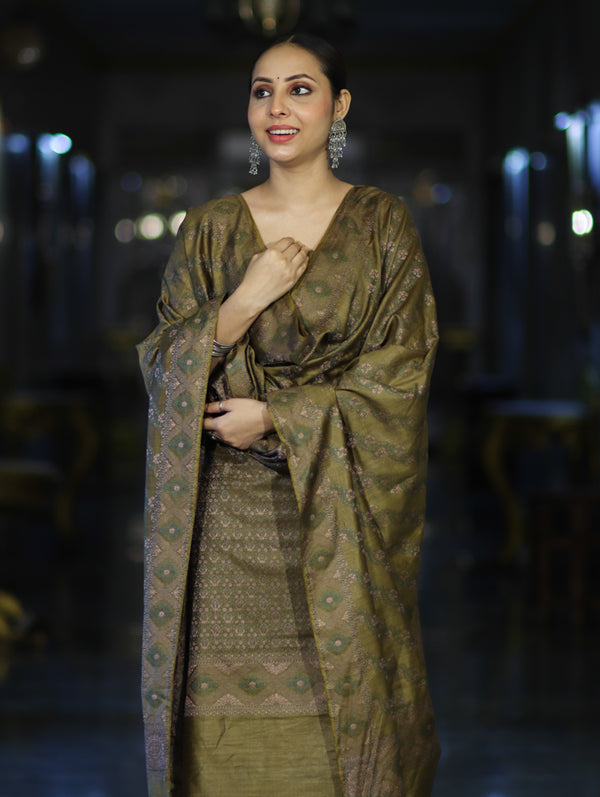 Banarasee Semi-Silk Resham Weaving Salwar Kameez Fabric With Dupatta Set-Olive Green