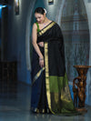 Banarasee Handloom Cotton Silk Plain Saree With Contrast Pallu & Border-Black & Green