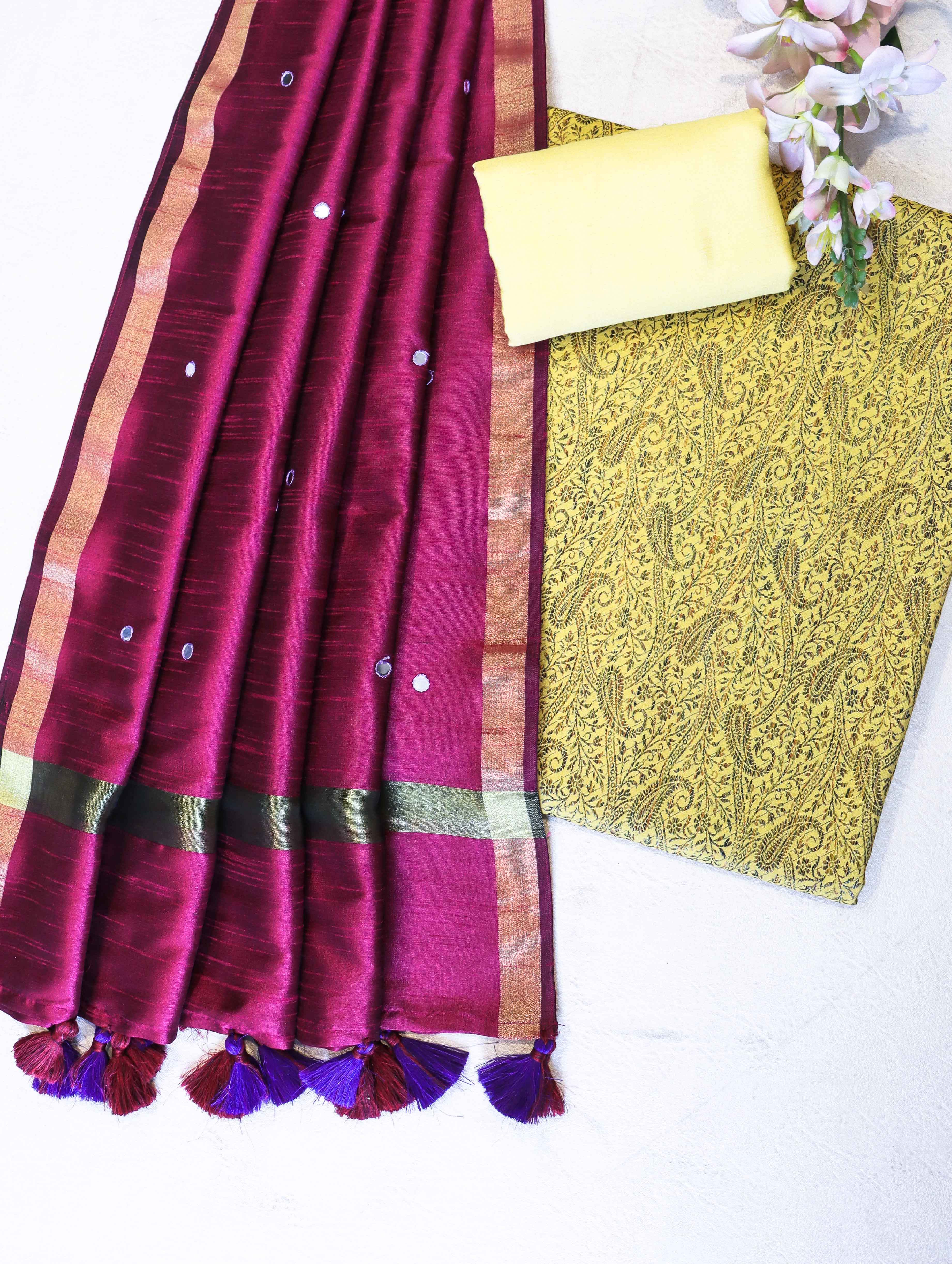 Banarasee Brocade Salwar Kameez Fabric With Mirror Work Dupatta-Yellow & Burgundy
