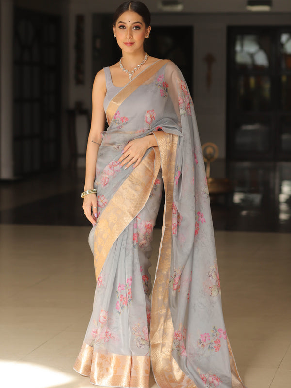 Banarasee Organza Mix Saree With Digital Floral Print-Grey