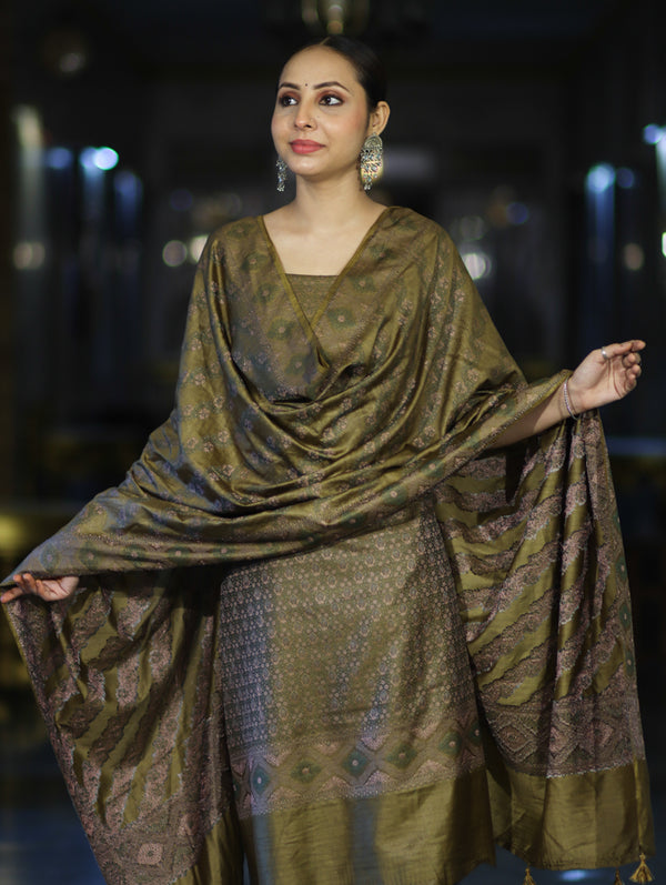 Banarasee Semi-Silk Resham Weaving Salwar Kameez Fabric With Dupatta Set-Olive Green