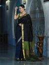 Banarasee Handloom Cotton Silk Plain Saree With Contrast Pallu & Border-Black & Green