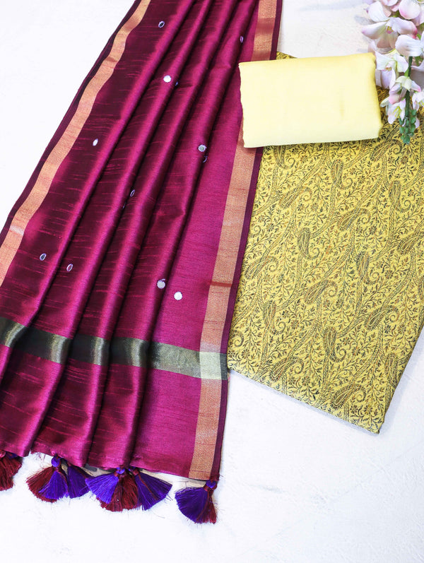 Banarasee Brocade Salwar Kameez Fabric With Mirror Work Dupatta-Yellow & Burgundy