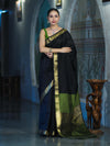 Banarasee Handloom Cotton Silk Plain Saree With Contrast Pallu & Border-Black & Green