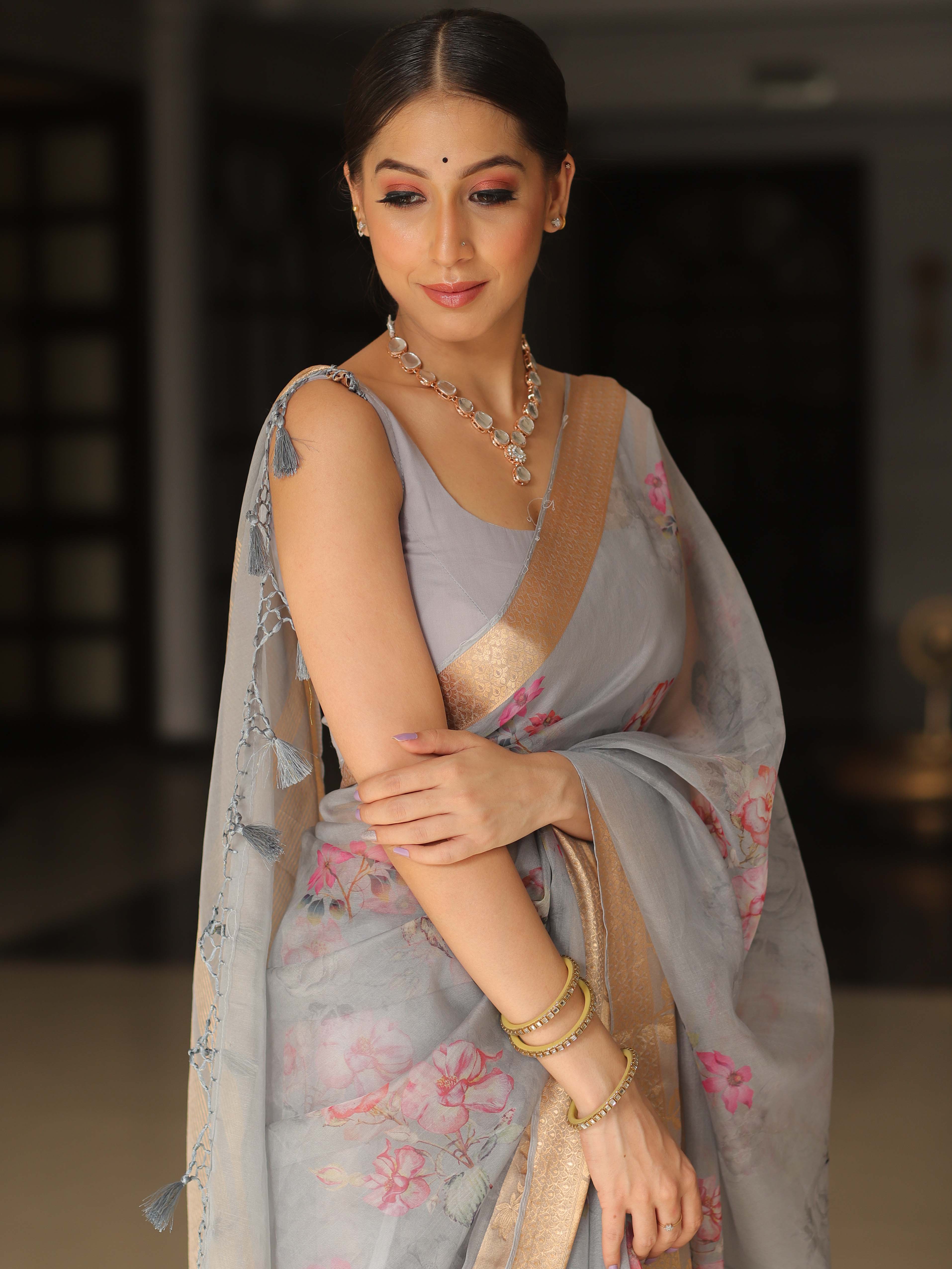 Banarasee Organza Mix Saree With Digital Floral Print-Grey