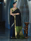 Banarasee Handloom Cotton Silk Plain Saree With Contrast Pallu & Border-Black & Green