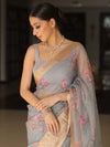 Banarasee Organza Mix Saree With Digital Floral Print-Grey