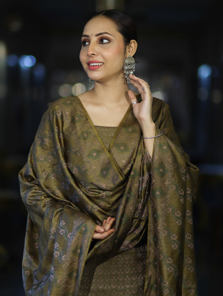 Banarasee Semi-Silk Resham Weaving Salwar Kameez Fabric With Dupatta Set-Olive Green