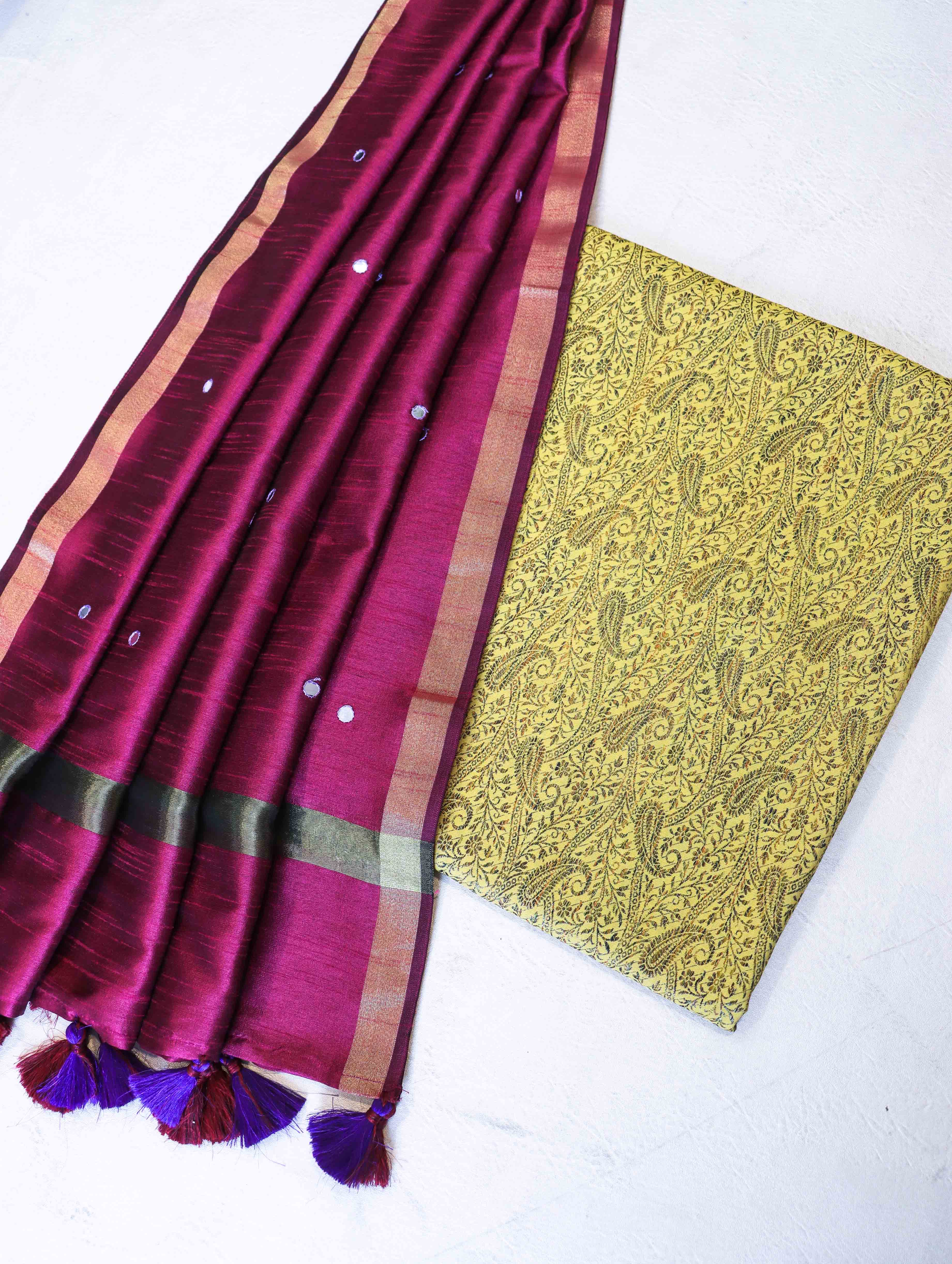 Banarasee Brocade Salwar Kameez Fabric With Mirror Work Dupatta-Yellow & Burgundy