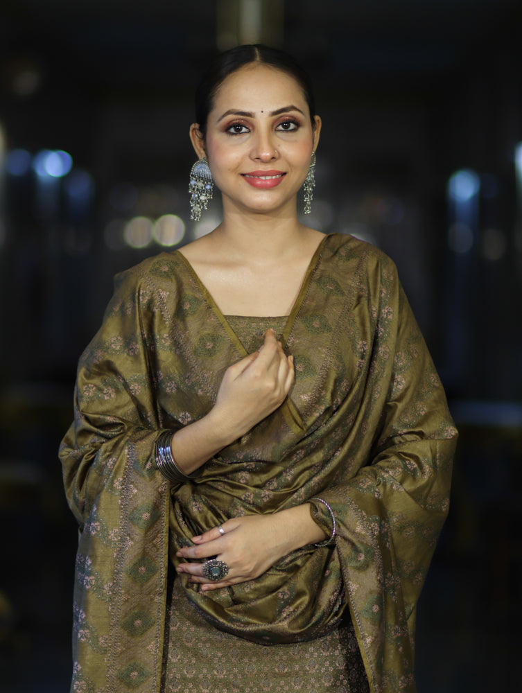 Banarasee Semi-Silk Resham Weaving Salwar Kameez Fabric With Dupatta Set-Olive Green