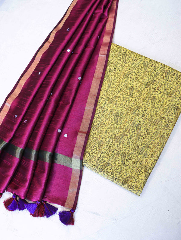 Banarasee Brocade Salwar Kameez Fabric With Mirror Work Dupatta-Yellow & Burgundy