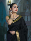 Banarasee Handloom Cotton Silk Plain Saree With Contrast Pallu & Border-Black & Green