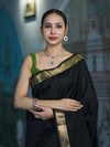 Banarasee Handloom Cotton Silk Plain Saree With Contrast Pallu & Border-Black & Green
