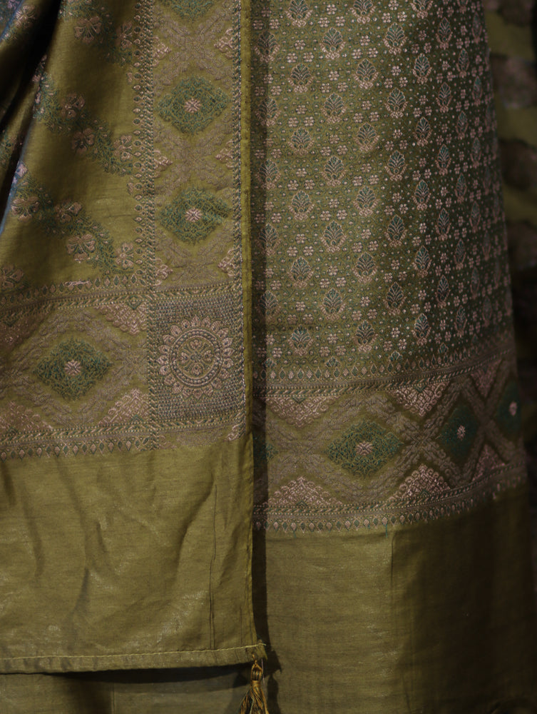 Banarasee Semi-Silk Resham Weaving Salwar Kameez Fabric With Dupatta Set-Olive Green