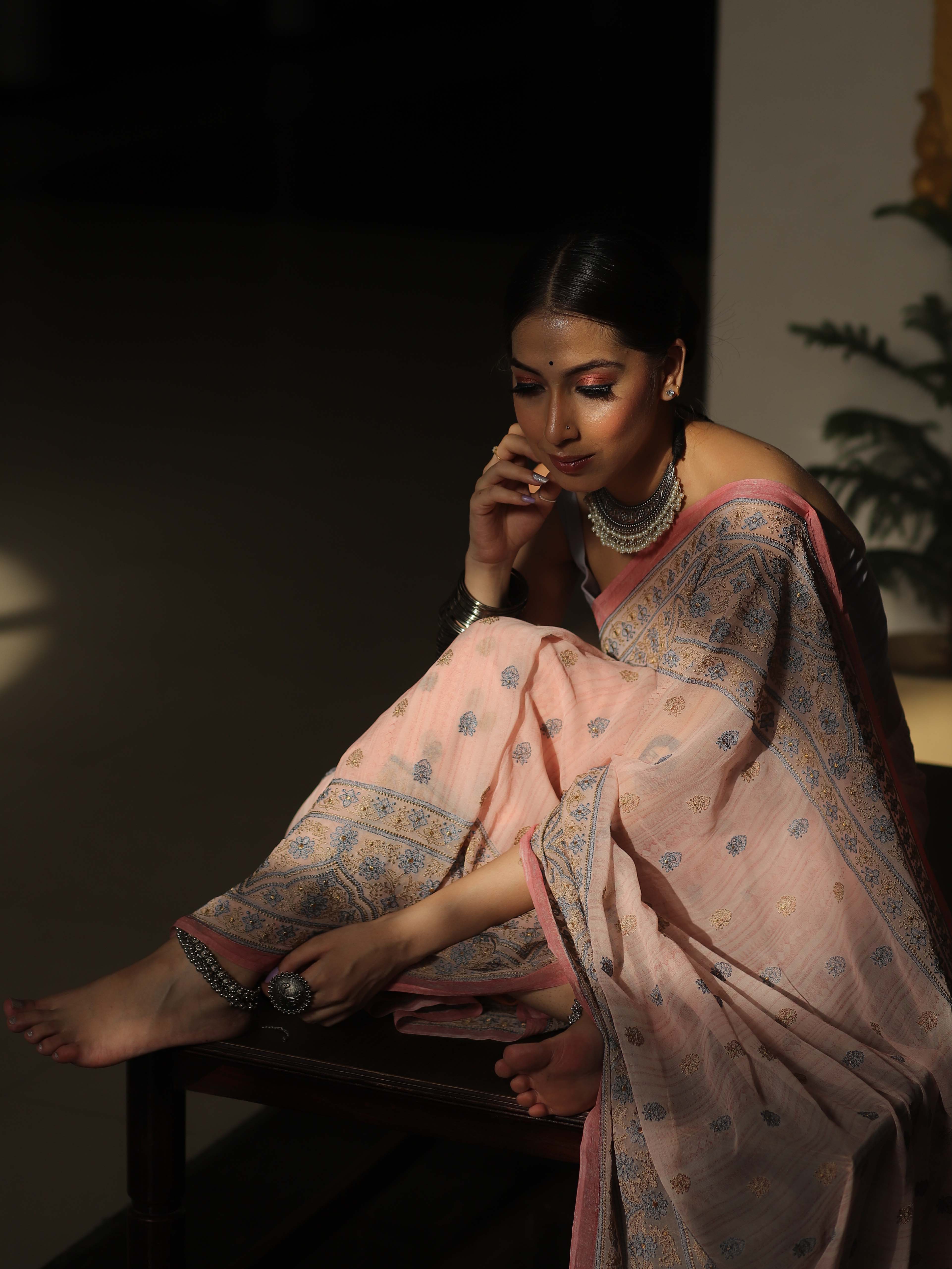Banarasee Pure Georgette Saree With Embroidery Work-Pink