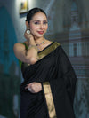 Banarasee Handloom Cotton Silk Plain Saree With Contrast Pallu & Border-Black & Green