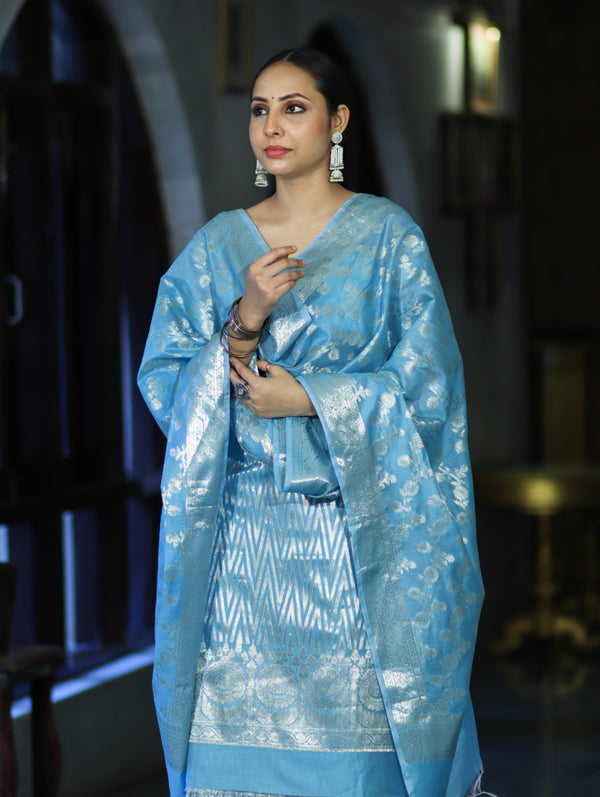 Banarasee Cotton Silk Zari Work Salwar Kameez Fabric With Dupatta Set-Light Blue