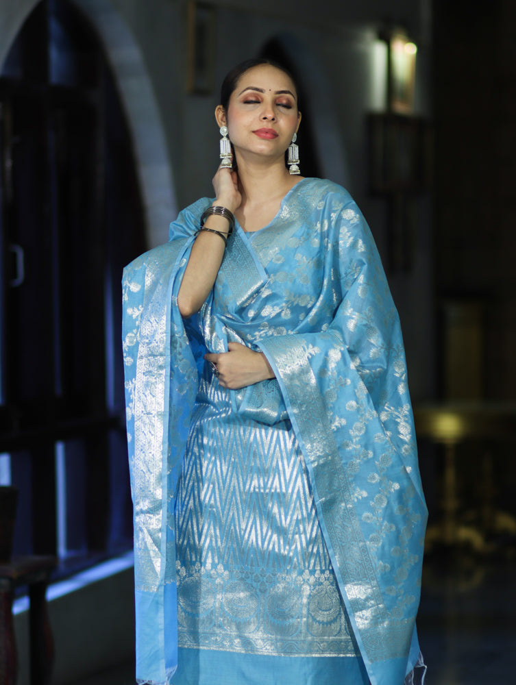 Banarasee Cotton Silk Zari Work Salwar Kameez Fabric With Dupatta Set-Light Blue