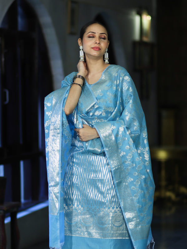 Banarasee Cotton Silk Zari Work Salwar Kameez Fabric With Dupatta Set-Light Blue