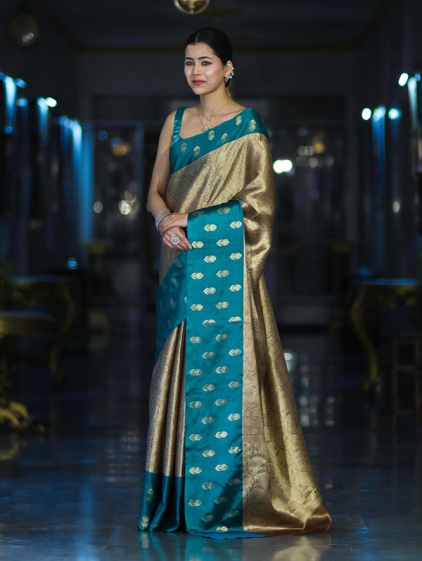 Banarasee Handloom Soft Silk Saree With Zari Weaving & Contrast Border-Gold & Green