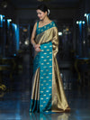 Banarasee Handloom Soft Silk Saree With Zari Weaving & Contrast Border-Gold & Green