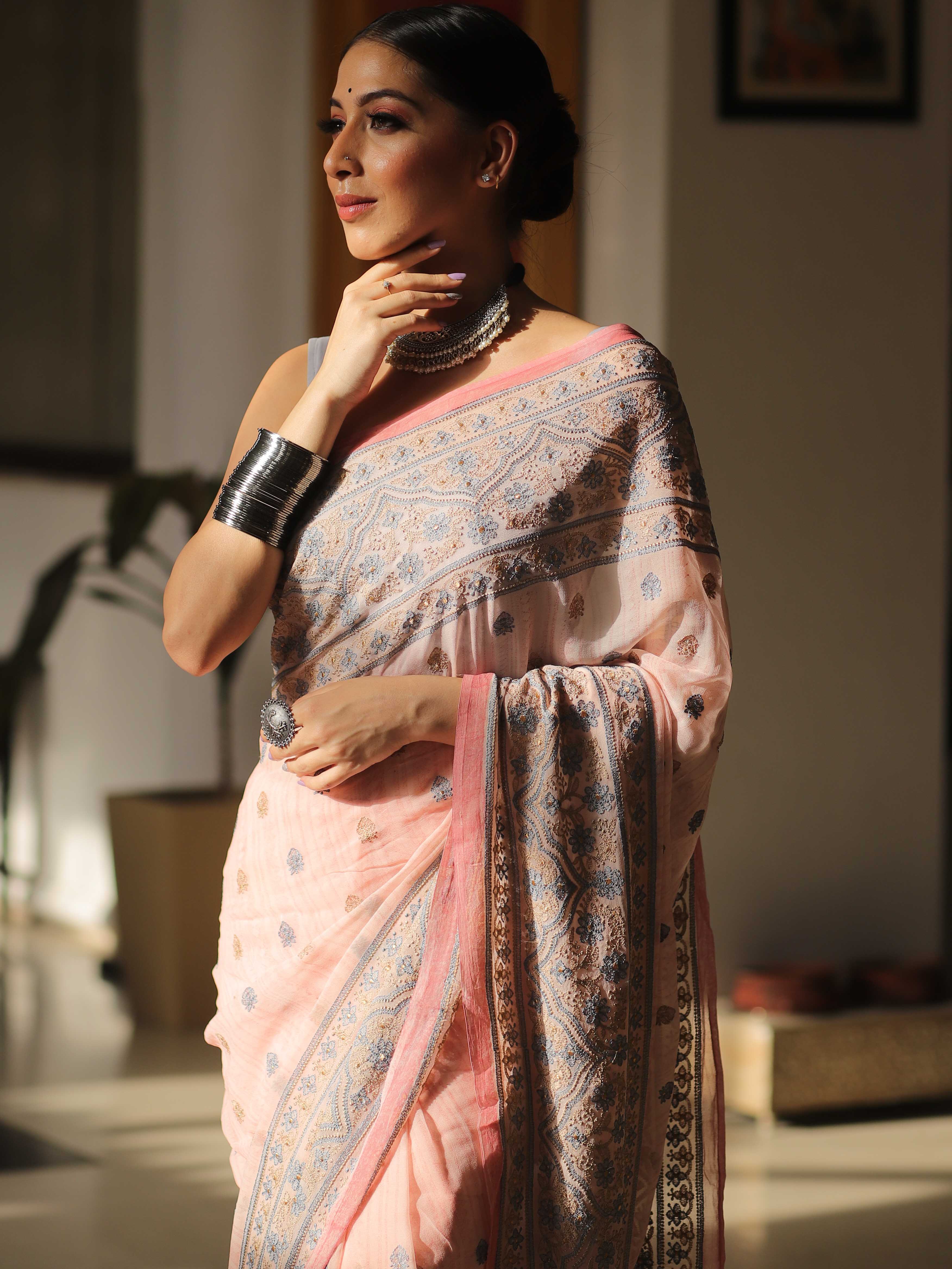 Banarasee Pure Georgette Saree With Embroidery Work-Pink