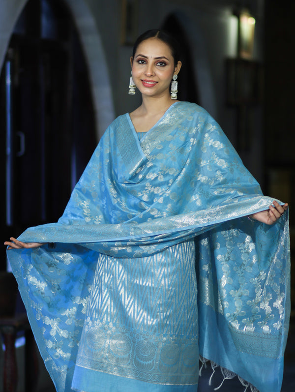 Banarasee Cotton Silk Zari Work Salwar Kameez Fabric With Dupatta Set-Light Blue