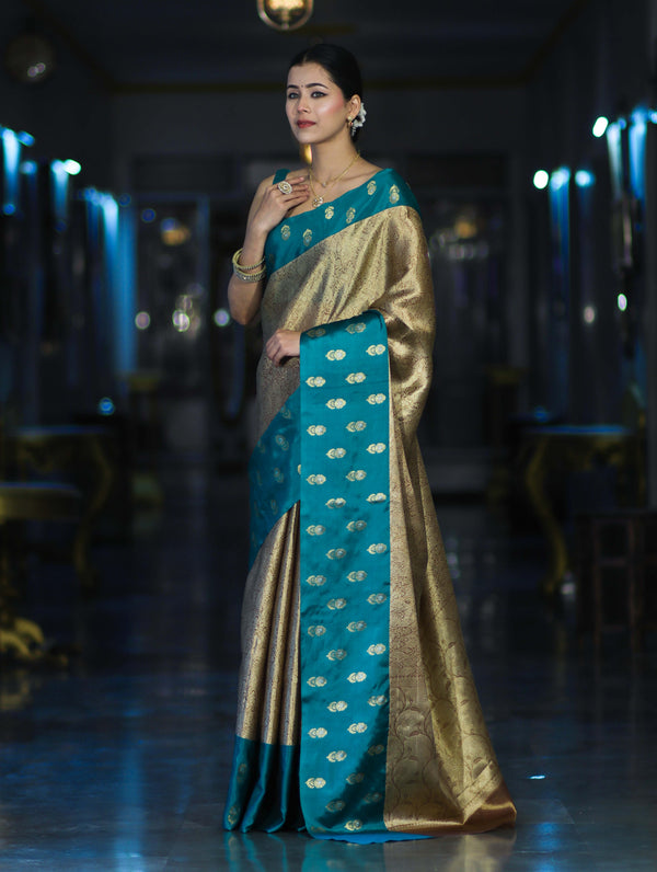 Banarasee Handloom Soft Silk Saree With Zari Weaving & Contrast Border-Gold & Green