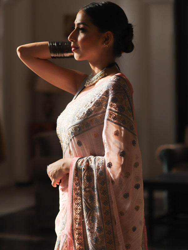 Banarasee Pure Georgette Saree With Embroidery Work-Pink