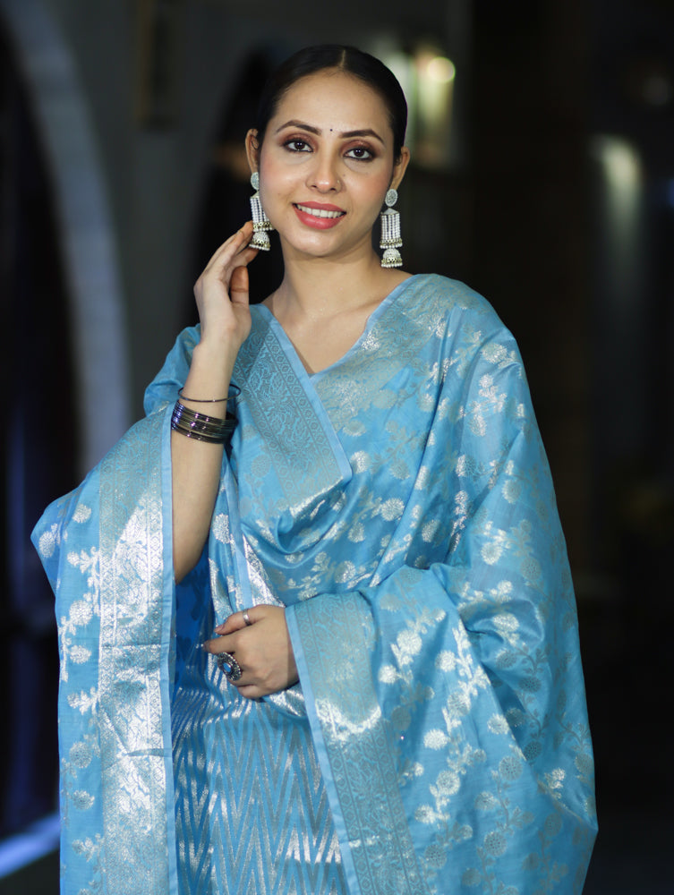Banarasee Cotton Silk Zari Work Salwar Kameez Fabric With Dupatta Set-Light Blue
