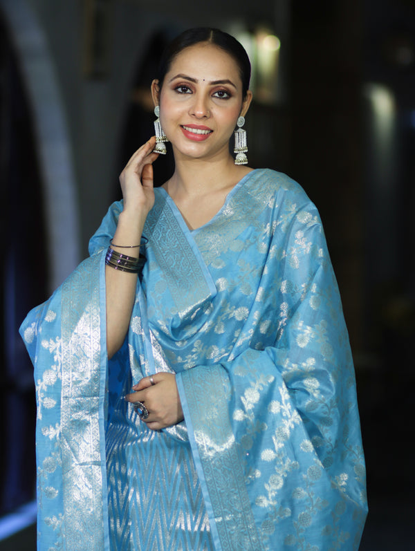 Banarasee Cotton Silk Zari Work Salwar Kameez Fabric With Dupatta Set-Light Blue