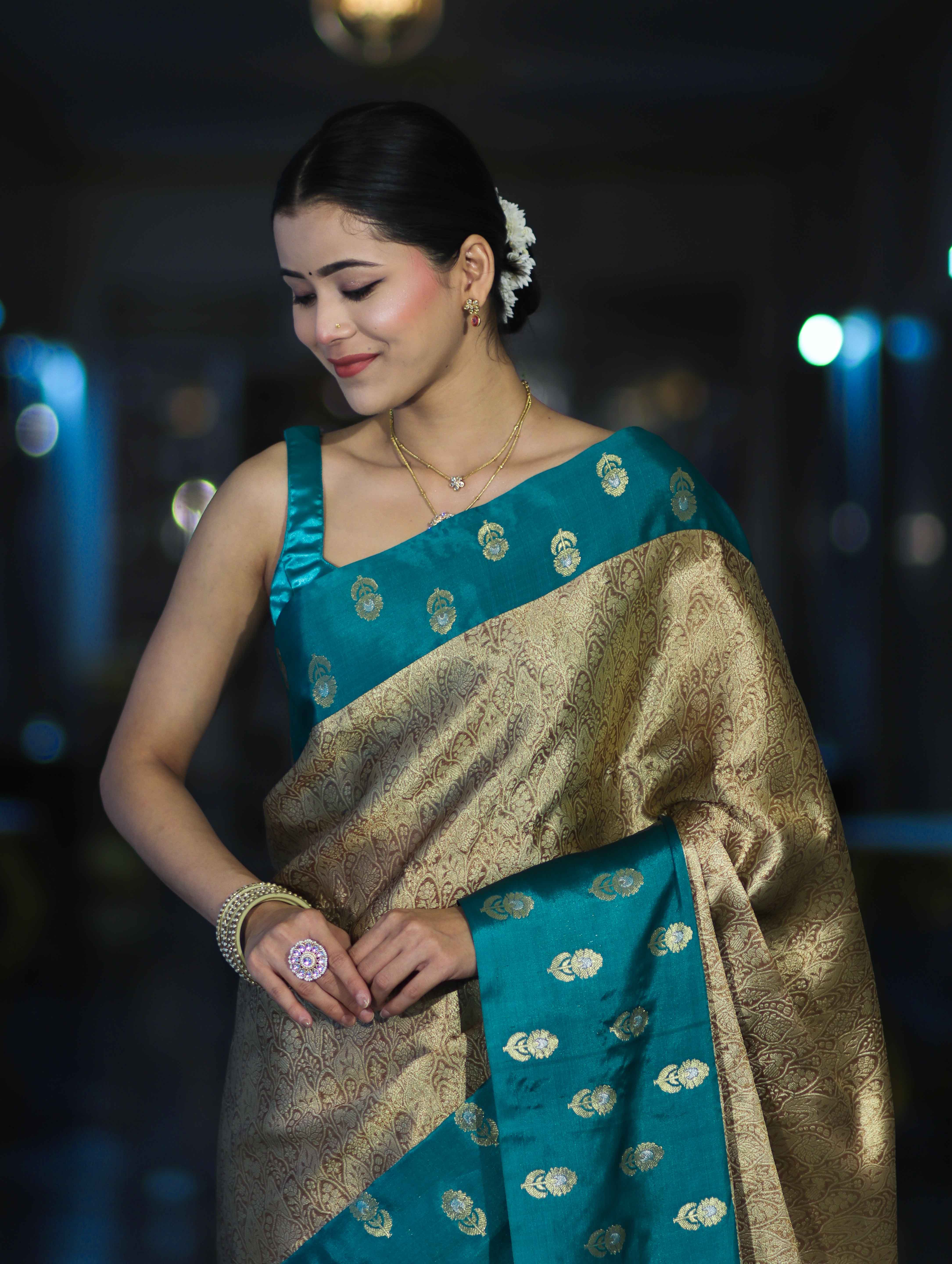 Banarasee Handloom Soft Silk Saree With Zari Weaving & Contrast Border-Gold & Green