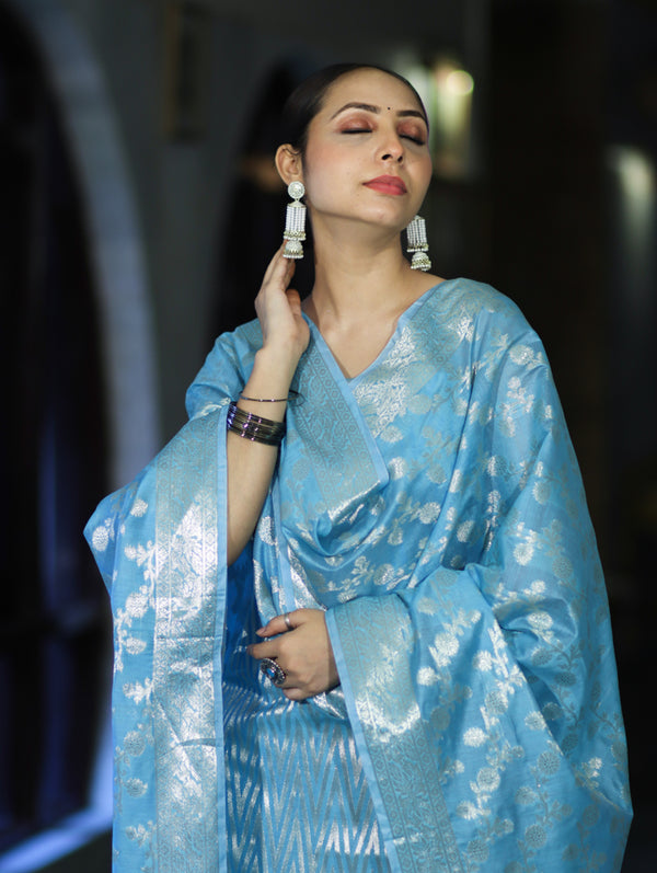 Banarasee Cotton Silk Zari Work Salwar Kameez Fabric With Dupatta Set-Light Blue