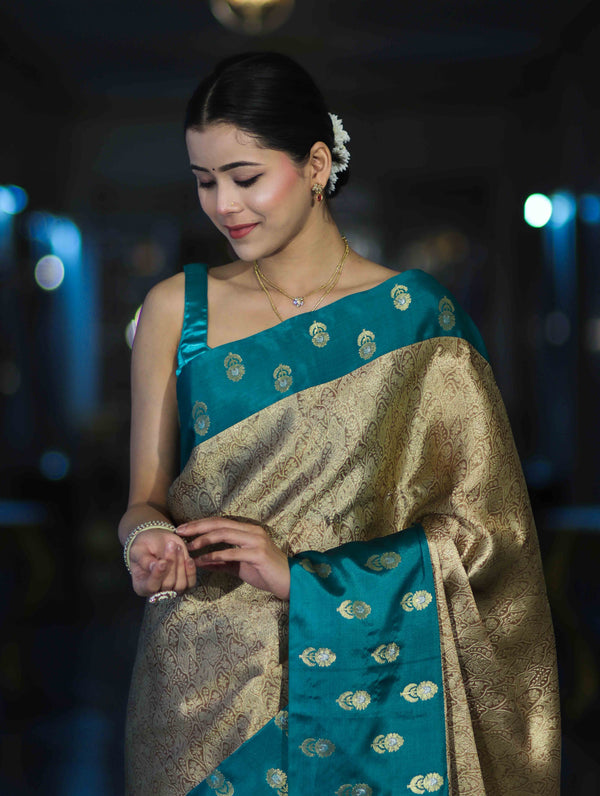 Banarasee Handloom Soft Silk Saree With Zari Weaving & Contrast Border-Gold & Green