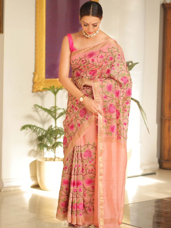 Banarasee Handloom Chanderi Saree With Embroidery Work-Pink