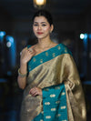 Banarasee Handloom Soft Silk Saree With Zari Weaving & Contrast Border-Gold & Green