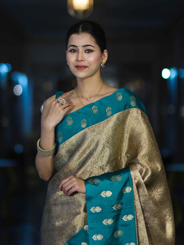 Banarasee Handloom Soft Silk Saree With Zari Weaving & Contrast Border-Gold & Green