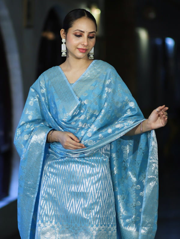 Banarasee Cotton Silk Zari Work Salwar Kameez Fabric With Dupatta Set-Light Blue