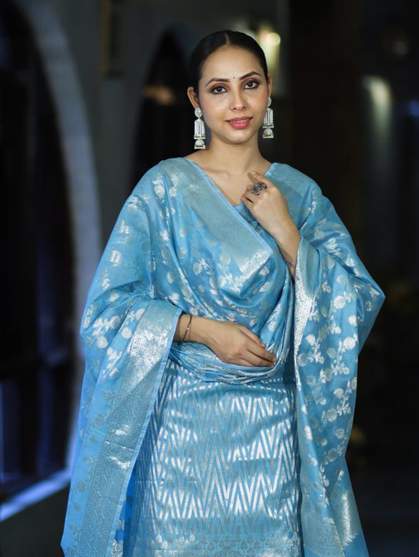 Banarasee Cotton Silk Zari Work Salwar Kameez Fabric With Dupatta Set-Light Blue