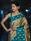 Banarasee Handloom Soft Silk Saree With Zari Weaving & Contrast Border-Gold & Green