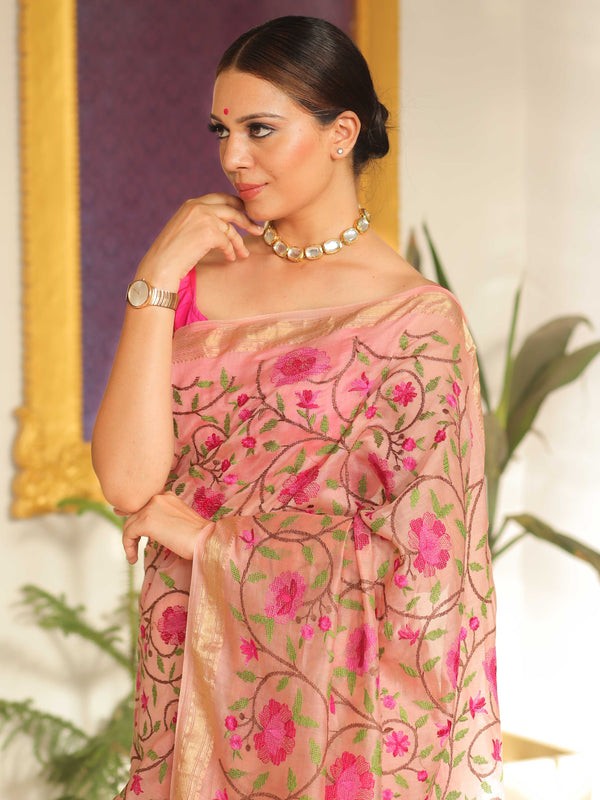Banarasee Handloom Chanderi Saree With Embroidery Work-Pink